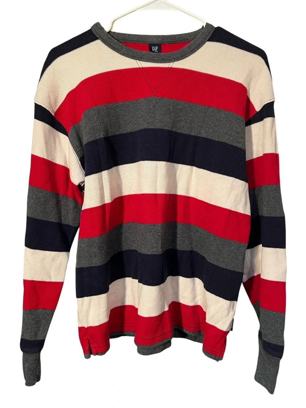 Vintage Gap Kids Sz XXL Crewneck Sweater White Navy Blue Red Gray Stripes Cotton